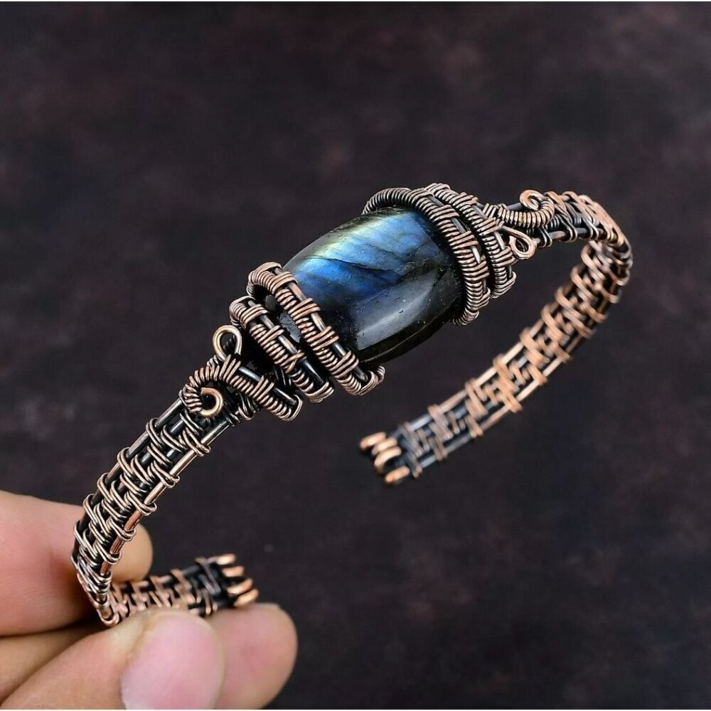 Handcrafted ✦ Copper Labradorite Bangle ✦ Wire‑Wrapped Adjustable Bracelet NWT